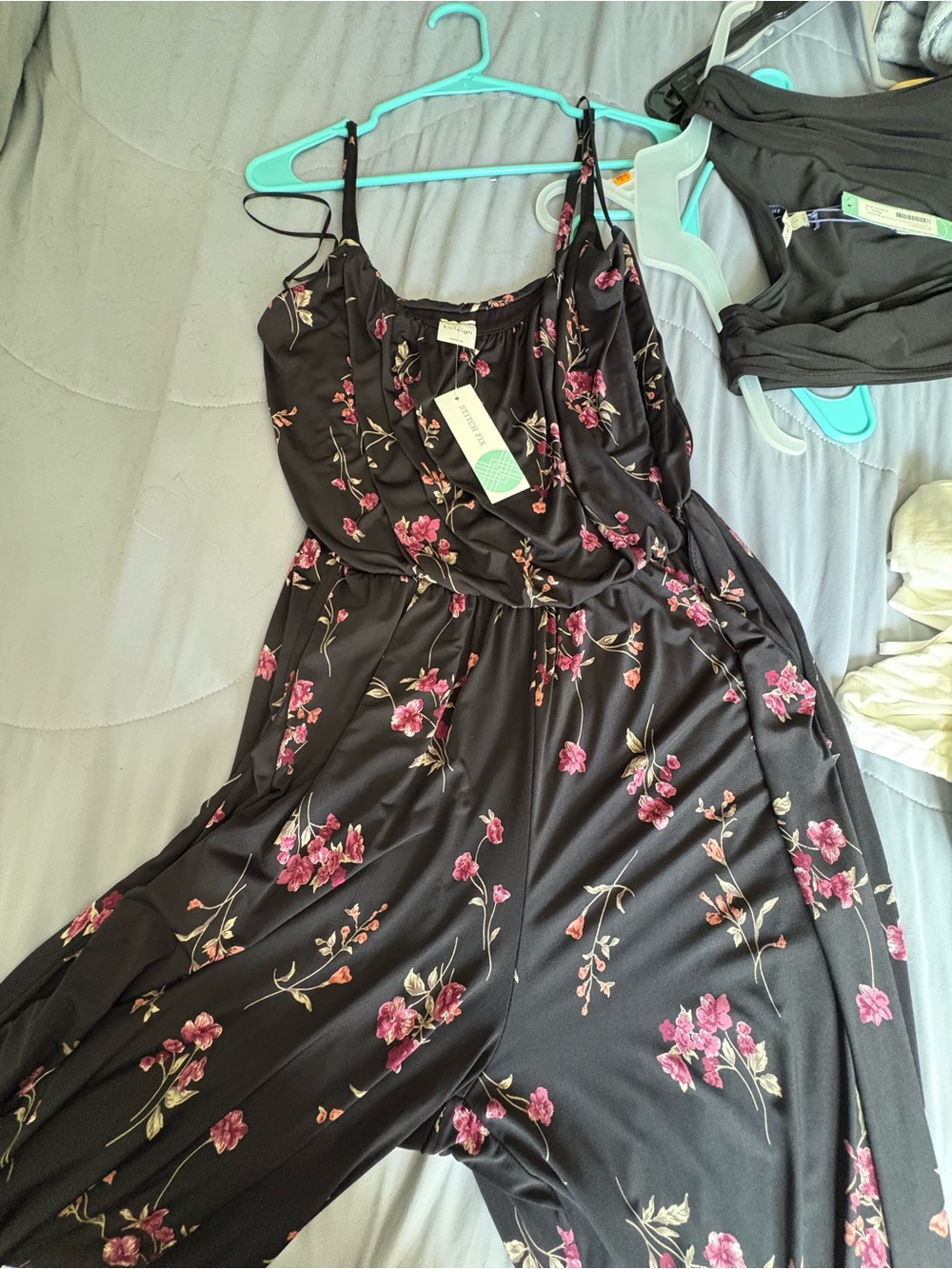 Kaleigh Floral Spaghetti-Strap Jumpsuit Black with Pink Flowers